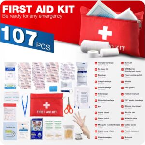 Personal First Aid Kit -107 Piece First Aid Kit, Small Travel First Aid Kit Treat and Protect Most Injuries, Mini First Aid Kit Ready for Emergency at Home, Outdoors, Car, Camping, Workplace, Hiking.